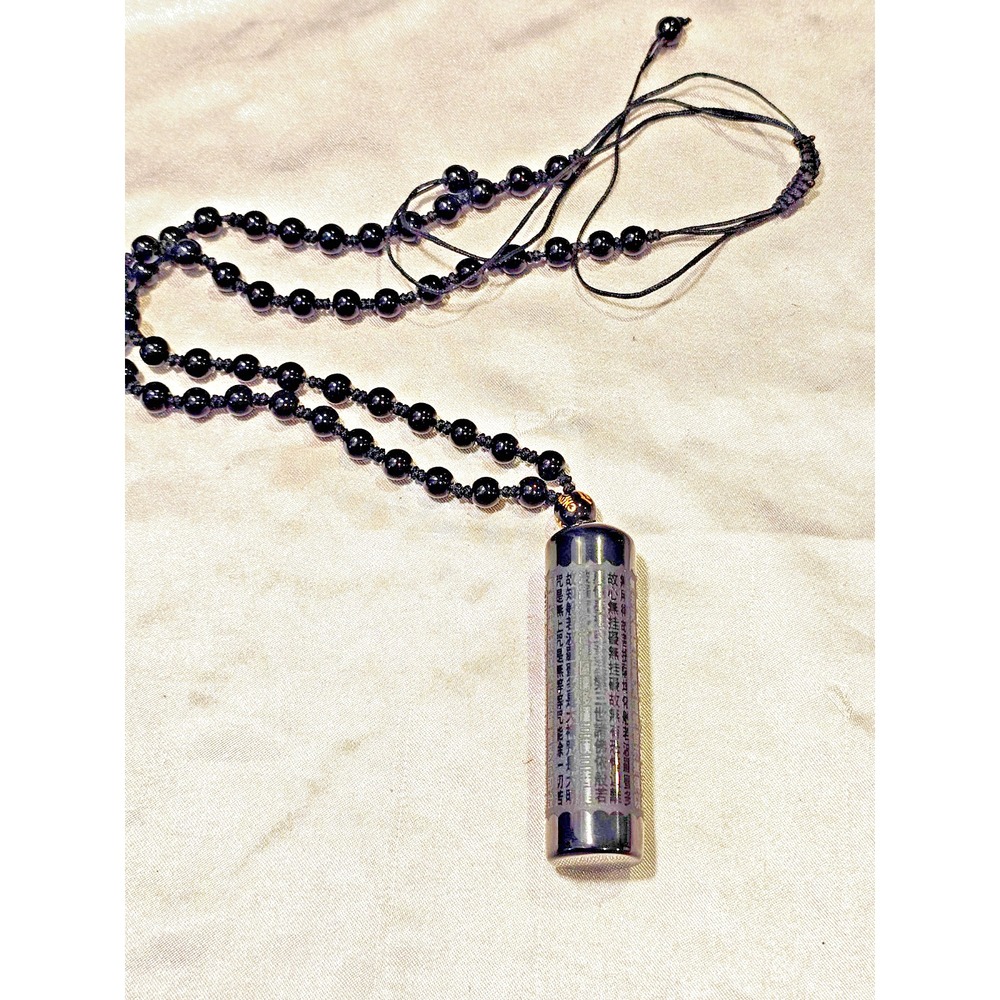 Black Beaded Prayer Necklace Cylindrical Inscribed Pendant Spiritual